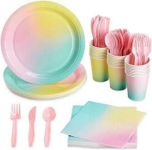 BLUE PANDA 144 Piece Pastel Rainbow Birthday Party Supplies, Dinnerware with Paper Plates, Napkins, Cups, and Pink Cutlery (Serves 24) Pink Cutlery, Pastel Rainbow Birthday Party, Pastel Rainbow Birthday, Unicorn Birthday Decorations, Rainbow Party Supplies, Rainbow Party Decorations, Rainbow Unicorn Birthday, Panda Party, Pastel Party