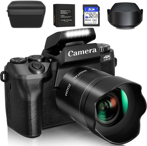 Saneen Digital Camera, 4k Cameras for Photography & Video, 64MP WiFi Touch Screen Vlogging Camera for YouTube with Flash, 32GB SD Card, Lens Hood, 3000mAH Battery, Front and Rear Cameras - Black Cameras For Photography, Camera For Youtube, Photo Pixel, Digital Camera Photography, 4k Camera, Digital Video Camera, Camera Digital, Vlogging Camera, Leica Camera