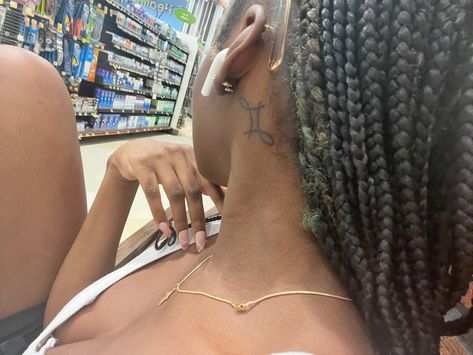 Behind The Ear Tattoo Ideas Gemini, Gemini Tattoos Black Women, Gemini Rights Tattoo, Gemini Tattoo Placement, Small Gemini Tattoo For Women Behind Ear, Gemini Tattoo Neck, Gemini Neck Tattoos Women, Gemini Ear Tattoo, Gemini Behind Ear Tattoo