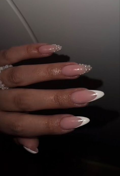 Pearled French Tip Nails, Wedding Nails French Tip With Pearls, Nail Pearls Design, Pearl Chrome Nails With Pearls, Wedding Pearl Nails For Bride, Classy Nails Pearls, Pearl Ballerina Nails, White Hoco Nails Almond, Pearl Nail Inspiration