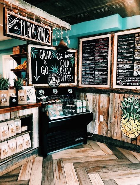 Smoothie Bowl Cafe Interior, Beachy Store Aesthetic, Beach Style Restaurant, Beachy Smoothie Shop, Beach Theme Coffee Bar, Acai Bowl Restaurant Design, Beach Themed Coffee Shop, Beach Town Coffee Shop, Acai Bar Design