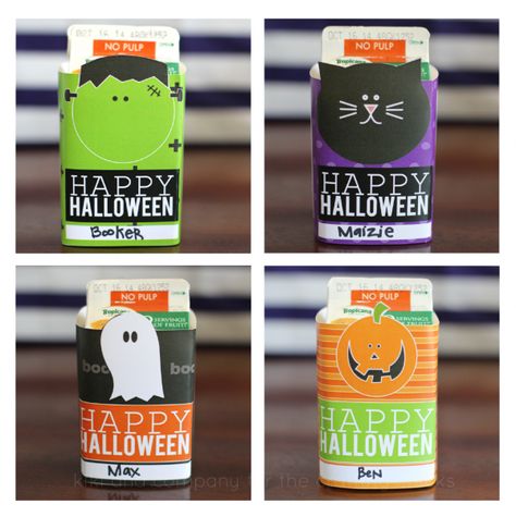 Printable Halloween Juice Box covers at the crafting chicks. Perfect for Halloween parties! Halloween Juice Pouch Ideas, Halloween Apple Juice Boxes, Halloween Juice Box Covers, Free Printable Halloween Lunch Box Notes, Halloween Juice Box, Halloween Juice, Kids Juice, Halloween School Treats, Healthy Halloween Treats