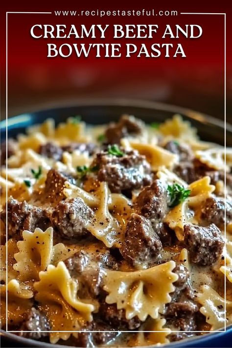 This creamy beef and bowtie pasta is a hearty, comforting dish perfect for a quick weeknight dinner. Ground beef, tender pasta, and a rich, creamy sauce come together for a meal that’s both satisfying and full of flavor. Easy And Delicious Pasta Recipes, Creamy Beef Bow Tie Pasta, Quick Sunday Meals Dinners, Bow Tie Pasta And Meatballs, One Pot Bowtie Pasta, Velveeta Beef Bowtie Pasta, Chuck Roast Pasta Recipes, Hamburger Bowtie Pasta Recipes, Creamy Beef Bowtie Pasta