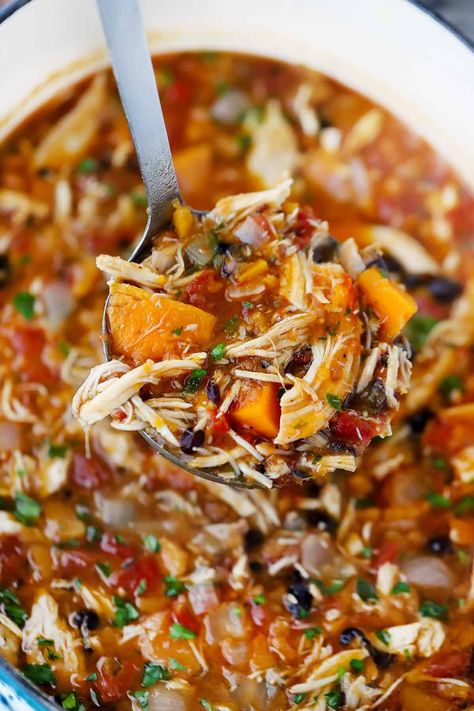 This gluten-free and grain-free one-pot chicken stew recipe with sweet potatoes and black beans comes together in 30 minutes and is PACKED with nutrients. #chickenstew #sweetpotatoes #blackbeans Chicken And Sweet Potato Soup, Stew With Sweet Potatoes, Recipe With Sweet Potatoes, Sweet Potatoes And Black Beans, 2024 Health, Postpartum Meals, Black Bean Stew, Sweet Pot, Chicken Stew Recipe