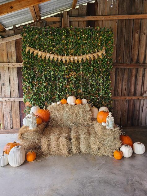 Fall Fest Photo Backdrop, Youth Friendsgiving, Fall Festival Photo Backdrop Ideas, Pumpkin Patch Backdrop, Backyard Party Setup, Outside Fall Decorations Front Yards, Fall Photo Booth, Outside Fall Decorations, Pumpkin Photography