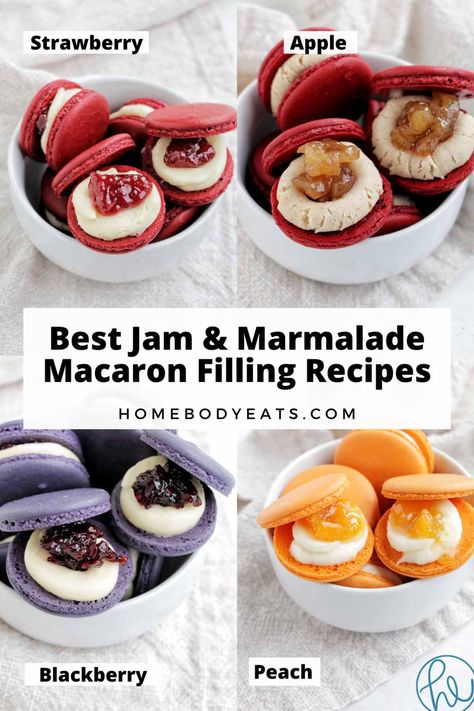 I always love using jam filling for my macarons, but I can never find recipes I like. This list has so many delicious jam macaron filling ideas. Everything from raspberry jam to blueberry, strawberry, peach, and cranberry jam. I am seriously going to make all of these jam filled macarons this summer with all the fresh fruit. I love how delicious macarons filled with jam taste! Raspberry Jam Filling For Macarons, Raspberry Macaron Filling, Pbj Macarons, Macrons Recipes Flavors, Macaron Filling Ideas, Strawberry Macarons Recipe, Macaron Inspiration, Macaroon Filling, Bouillabaisse Recipe