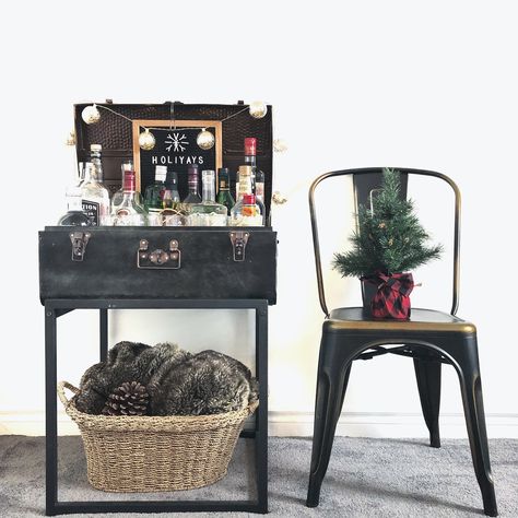 Suitcase bar cart #christmas #barcartstyling #suitcase #diy Suitcase Bar Cart, Suitcase Bar, Christmas Suitcase, Suitcase Diy, Gold Bar Cart Target, Suitcase Ideas, Gold Bar Cart Styling, Cottage Remodel, Suitcase Decor