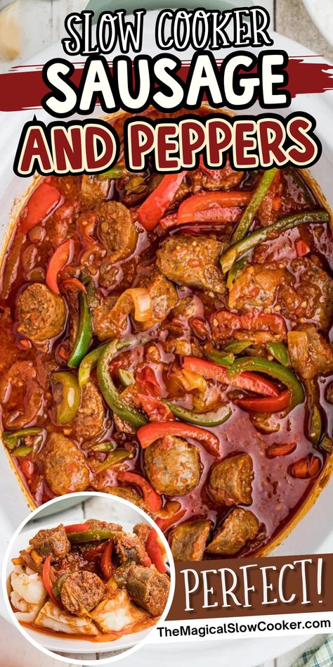 If you're looking for the perfect summertime dish, then you'll love this Slow Cooker Sausage and Peppers recipe. It's made with just a few popular ingredients such as Italian sausage, bell peppers, marinara tomato sauce, sweet yellow onions, and seasonings. This is an easy recipe for quickly making a main course dish. - The Magical Slow Cooker Sausage And Pepper Sauce, Fair Italian Sausage And Peppers, Spicy Sausage And Peppers, Sausage Peppers And Potatoes Baked, Sweet Sausage And Peppers, Sausage And Peppers Stove Top, Sausage Peppers Crockpot, Crockpot Recipe With Sausage, Smoked Sausage And Peppers Recipes