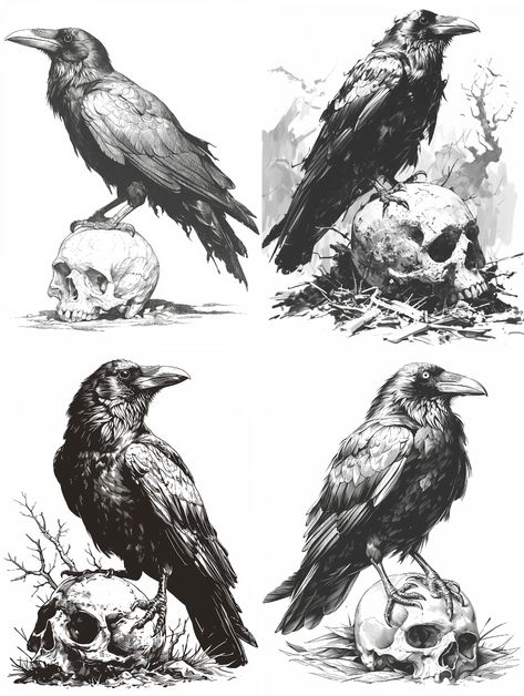 Midjourney prompt: A crow standing on a skull in the - PromptHero Vintage Raven Illustration, Crow And Skull Tattoo Design, Crow Sketch Pencil, How To Draw Crow, Crow Tattoo Traditional, Crow Drawing Reference, Crow Art Drawing, Bird Drawing Reference, Raven Anatomy