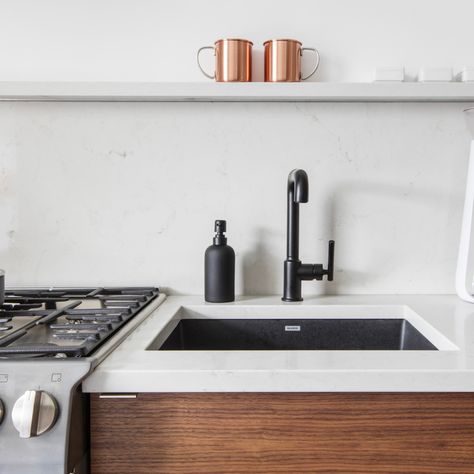 Black Sink White Counter, Galley Wall, Plumbing Layout, White Countertop, Online Interior Design Services, Black Sink, Wall Mount Sink, Real Kitchen, Walnut Cabinets