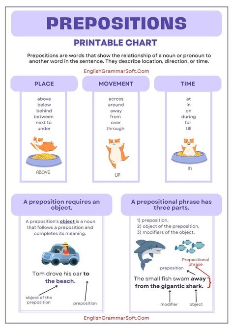 Printable Chart of Preposition Preposition Chart English Grammar, Use Of Preposition, Chart On Prepositions, Types Of Prepositions Chart, Prepositional Phrases Anchor Chart, Preposition Types, Preposition Anchor Chart, Types Of Prepositions, Prepositions Anchor Chart