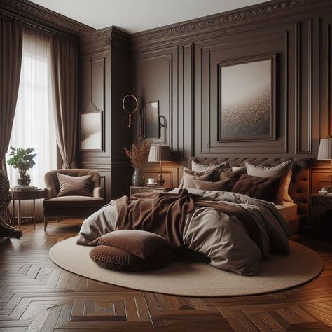 Brown Bedroom Rich Chocolate Accent Wall Taupe Brown Bedroom, Chocolate Home Decor, Cognac And Black Bedroom, Brown Master Bed, Brown Master Bedrooms Decor, Chocolate Brown Accent Wall, Brown Wood Bedroom Ideas, Brown Wall Bedroom, Chocolate Brown Bedroom