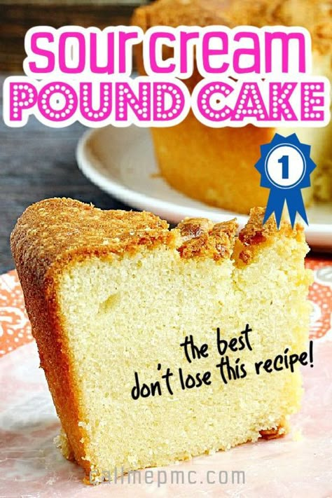 i FOUND THIS RECIPE IN MY Granny's old recipe box. It's the best!! BEST SOUR CREAM POUND CAKE RECIPE. BY Cake reviewer Call Me PMc. 's buttery, moist & easy to make w a crusty top. It's moist and delicious on the inside and has a slight crunch on the outside. Best Sour Cream Pound Cake, Sour Cream Cake Recipe From Scratch, Cake Recipe With Sour Cream, Sour Cream Pound Cake Recipe, Recipes Using Sour Cream, Cream Pound Cake Recipe, Pound Cake Cupcakes, Vanilla Pound Cake Recipe, Classic Pound Cake Recipe