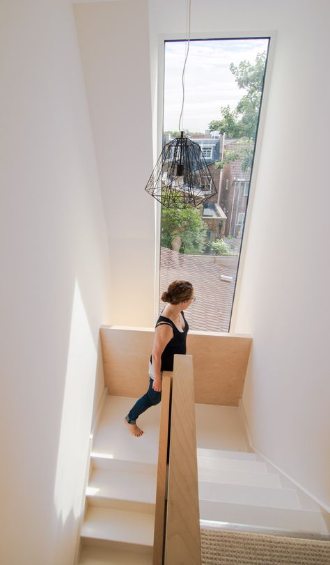 Long Window Staircase, Long Window Design, Plywood Staircase, Wooden Staircase Railing, Staircase Window, Loft Staircase, Stairs Window, Van Der Straeten, Attic Spaces