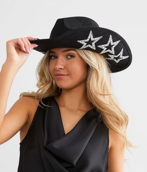 Rhinestone Star Cowboy Hat - Women's Hats in Black | Buckle Black Cowgirl Hat, Star Cowboy Hat, Black Glitter Cowboy Hat, Cowgirl Hats Black, Cowboy Hat Outfit Woman, Black Rhinestone Cowboy Hat, Rhinestone-embellished Short Brim Hat For Rodeo, Cowboy Hats Women, Black Cowgirl