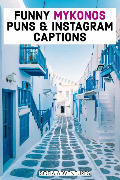 Planning to travel Mykonos and want some hilarious Mykonos puns you can quote? Here are some funny Mykonos Instagram captions and puns, perfect for photos of Greek food, windmill photos, beaches, buildings, sea, and more! Greek Food Quotes, Mykonos Captions Instagram, Greek Captions Instagram, Greece Packing List, Windmill Photos, Vacation Captions, Athens Hotel, Funny Greek Quotes, Trip To Greece