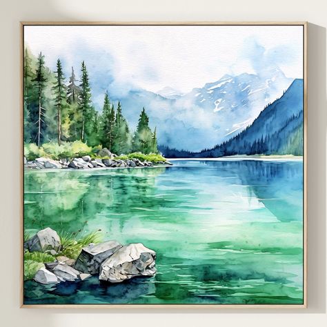 Jasper National Park Watercolor Art Print, Travel Print, Home Décor Poster Gift, Square Artwork, Birthday Present National Park Watercolor, Landscape Tutorial, Park Watercolor, Square Artwork, Bull Painting, Watercolour Ideas, Mediums Of Art, Waterfall Landscape, Jasper National Park