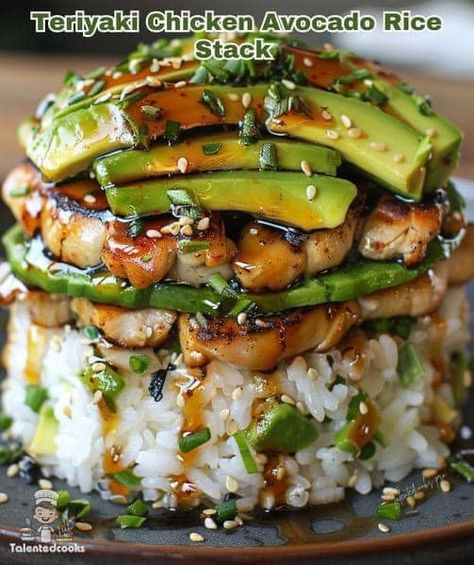 Rice Stacks, Chicken Avocado Rice, Chicken Sushi, Avocado Rice, Teriyaki Chicken And Rice, Chicken Diet, Easy Family Recipes, Flavorful Vegetables, Asian Inspired Recipes