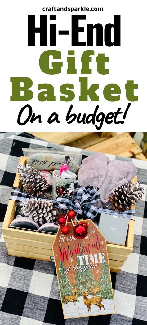 Here’s a new twist on the traditional gift basket. Instead of using a basket, use a wooden crate! This unique gift wrapping idea is full of cozy gifts for women but you can turn it into a great gift for men or for kids too. #giftbasket #woodcrate #giftideas Blanket Gift Basket, Adult Gift Basket, Wooden Crates Christmas, Kitchen Gift Baskets, Christmas Gift Themes, Family Gift Baskets, Backyard Gifts, Making A Gift Basket, Couple Gifts Basket