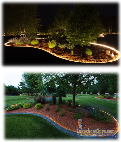 LED-Lighted Concrete Curbing Do you like to show off every now and then – to family, friends, neighbors, and possibly airplanes? Then you need some LED-lighted concrete curbing for your lakeshore or your land. Imagine your entire shoreline bordered with glowing light. You′ll be the envy of every passerby on the lake. Imagine your yard Landscape With Lights, Flowerbed Lighting, Landscaping Lights Front Yard, Garden Led Lighting Ideas, Flower Bed Lighting, Outdoor Garden Lights, Led Lights Outdoor, Concrete Curbing, Garden Sanctuary