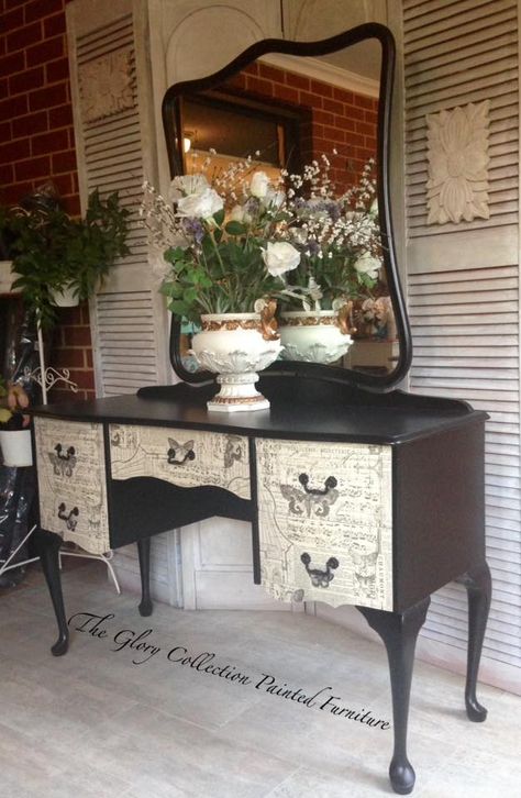 Had to do it.. Had to paint her black. I used a combination of black spray paint and DIY  black chalk paint.  Decoupaged the drawers with great paper from Tim H… Queen Anne Furniture Makeover, Queen Anne Furniture, Hand Painted Chairs, Furniture Painting Tips, Black Chalk Paint, Furniture Casters, Decoupage Furniture, Black Spray Paint, Furniture Sofa