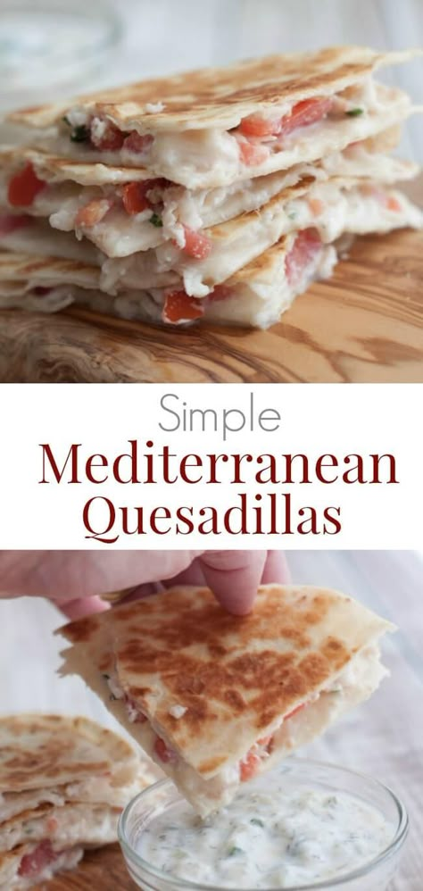 Meditteranean Lunch Ideas, Quick Mediterranean Dinner Ideas, Healthy Mediterranean Snacks, Easy Mediterranean Lunch Ideas, Mediterranean Diet Casserole Recipes, Healthy Filling Lunches, Mediterranean Quesadilla, Africa Dishes, Mexican Quesadilla