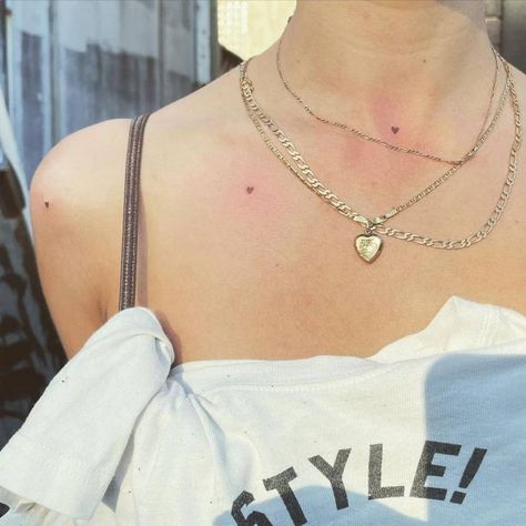 Heart Frekles Tattoo, Freckle Tattoos Hearts, Tiny Heart Freckle Tattoo, Brown Heart Freckle Tattoo, Tiny Heart Tattoo Placement, Small Brown Tattoo, Freckle Tattoo Ideas, Brown Heart Tattoo, Heart Shoulder Tattoo