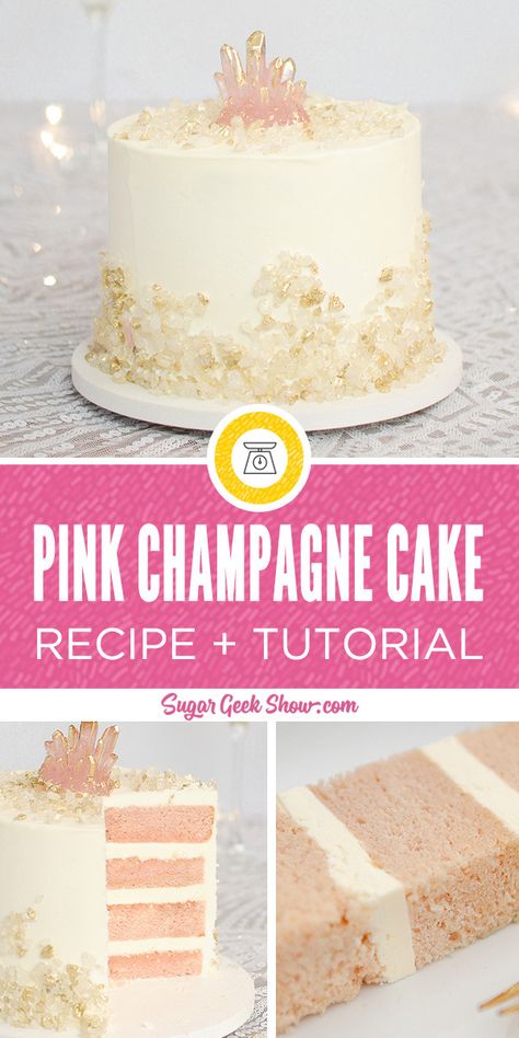 The best pink champagne cake made with real champagne, light and fluffy vanilla buttercream frosting and decorated with beautiful rock candy and an edible pink crystal on top! Happy New Years cake anyone?? Champagne Cake Recipe, Pink Champagne Cake, Champagne Cake, New Year's Cake, Champagne Pink, Delicious Cake, Chocolate Buttercream, Special Cake, Fresh Strawberries