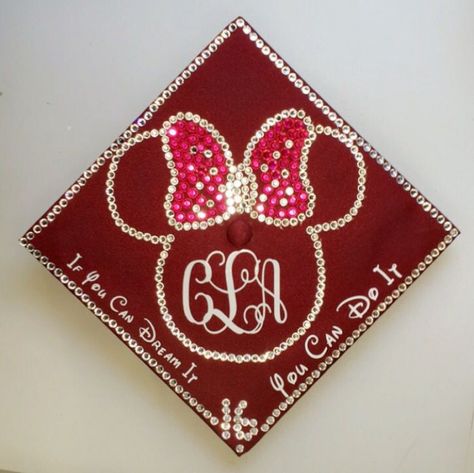 Disney Minnie Mouse graduation cap with rhinestones and initials #collegegraduation #college #graduation #disney Minnie Mouse Graduation Cap, Graduation Caps Decoration, Minnie Mouse Graduation, Rhinestone Grad Cap, Disney Grad Caps, Caps Decoration, Graduation Hat Ideas, Graduate Ideas, Vpk Graduation