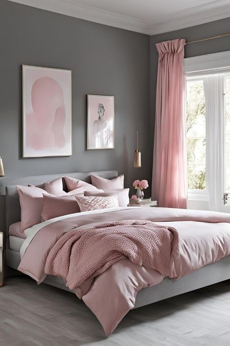 Blush Pink And Grey Bedroom, Bedroom Inspirations Pink, Grey And Pink Bedroom, Pink Gray Bedroom, Dusty Pink Bedroom, Pink Ideas, Ideas Habitaciones, Seeking Peace, Pink Bedroom Ideas