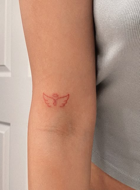 Angel Tattoo Red Ink, Small Red Tatooes, Red Signature Tattoo, Red Angel Wing Tattoo, Red Heart Tattoo On Hand, Tattoo For Myself, Red Angel Wings Tattoo, Red Wing Tattoo, Always An Angel Never A God Tattoo