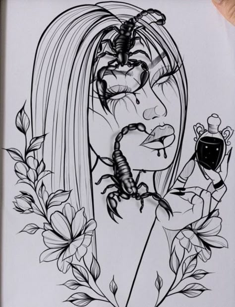 Black Aries Goddess Tattoo, Scorpio Goddess Tattoo Design, Best Sleeve Tattoos For Women Beautiful Color, Scorpio Goddess Tattoos For Women, Scorpio Thigh Tattoo, Scorpio Woman Tattoo, Tattoo Ideas Female Scorpio, Woman Tattoo Drawing, Scorpio Sketch