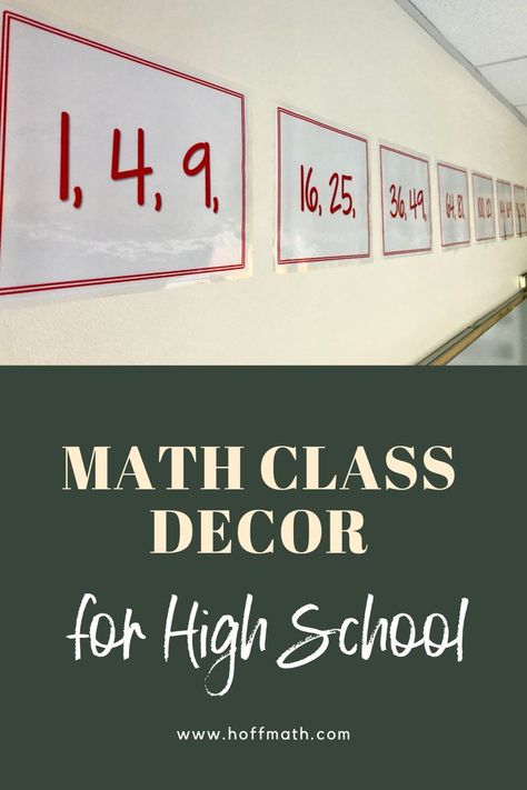 Looking for ideas for decorating your high school math classroom? Not only do these decorating ideas lead to rich mathematical discussions, but they can be made easily and cheaply. Click to read more! Math Bell Ringers High School, Calculus Classroom Decor, Decorate Math Classroom, Junior High Math Classroom Decor, High School Algebra Classroom Decorations, Algebra 2 Classroom, Math Quotes For Classroom High Schools, Hs Math Classroom Decor, Middle School Room Ideas