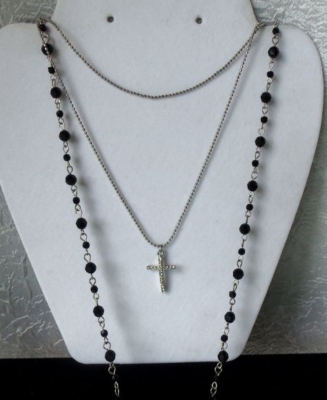 "Y Lariat Necklace, Rosary Bead Necklace, Rhinestone Crosses, 3 Layers, Extra Long Necklace, Beaded #32 Measures: 37\" Long The shortest chain measures: 19\" Black beaded chain and 2 silver chains. Total of 4 Rhinestone Crosses The 3 cross dangle hangs 6 1/2\" Lobster Claw closure. This will be shipped in white swirl cotton filled box with a polishing cloth for easy gift giving." Luna Costume, Cross Necklace Aesthetic Grunge, Long Cross Necklace, Emo Cross Necklace, Rosary Bead Necklace, Dangly Necklace, Black Rosary Necklace, Grunge Rosary Necklace, Black Rosary