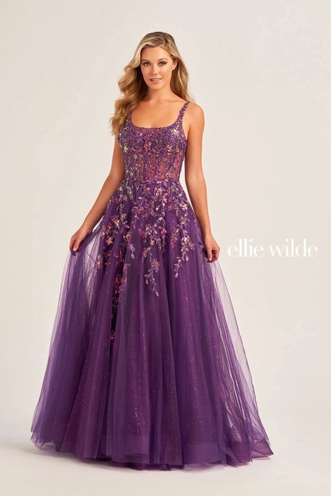 Purple Sleeveless Tulle Gown, Purple Designer Dress, Purple Embellished Tulle Gown, Purple Tulle Floor-length Gown, Floor-length Purple Tulle Gown, Ellie Wilde Prom Dresses 2022, Ellie Wilde Prom Dresses, Dark Purple Dresses, Purple Prom