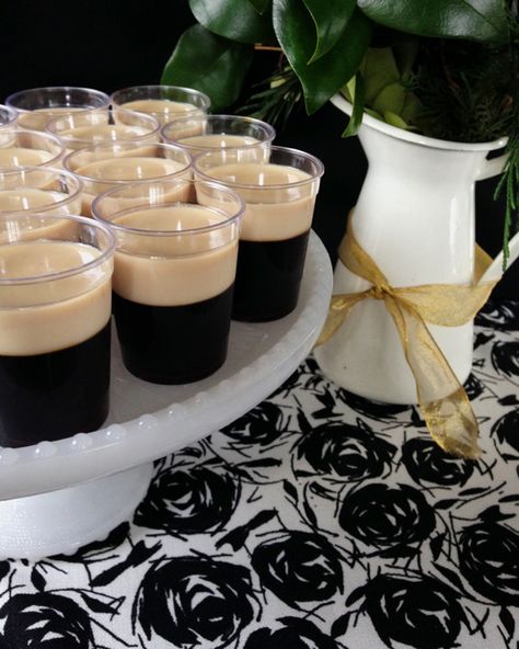 These Baby Guinness Irish Coffee Jell-O Shots are a fun alcoholic dessert treat that would be perfect for a St. Patrick's Day party. Baby Guiness, Coffee Jello Shots, Baby Guinness, Coffee Jello, Saint Patrick's Day Party, Fireball Recipes, Tequila Mixed Drinks, Cocktail Corner, Jello Pudding Shots