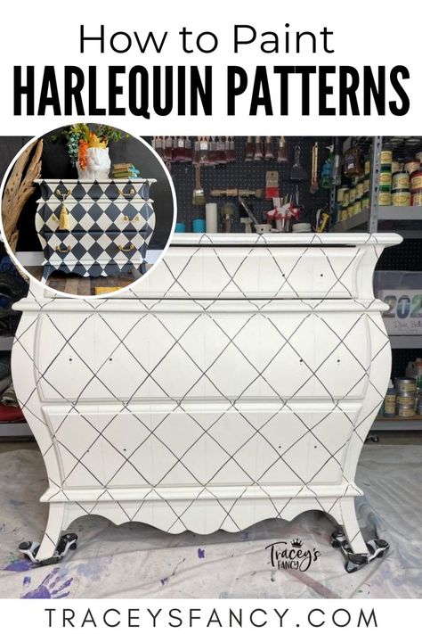 Learn how to create a clean, crisp harlequin pattern on your furniture makeovers on this blog. This is the tape method -- one of a few ways of painting whimsical diamond patterns on furniture. Go check it out or save this pin for later #traceysfancy #harlequinfurniture #whimsical How to Create a Harlequin Pattern on Furniture, painting diamonds on furniture and diy harlequin pattern Bombay Chest Makeover, Pattern On Furniture, Mackenzie Childs Furniture, Mackenzie Childs Diy, Chest Makeover, Bombay Chest, Painting Whimsical, Whimsical Painted Furniture, Mckenzie And Childs