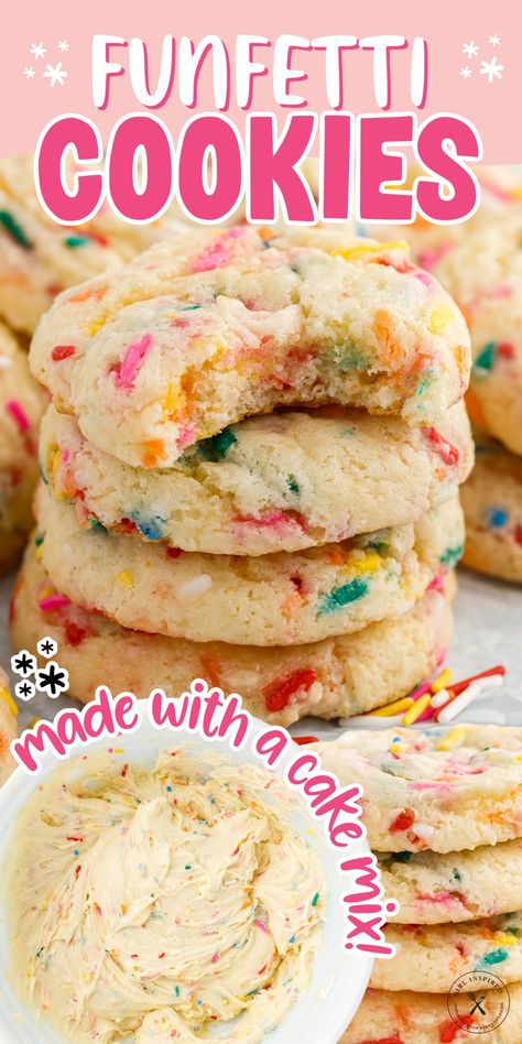 Easy Funfetti cake mix cookies are made with 5 simple ingredients, have a chewy center, and are packed with fun colorful sprinkles. Box Confetti Cake Mix Recipes, Confetti Box Cake Mix Hacks, Confetti Cake Mix Recipes, Cake Batter Cookies Easy, Cake Mix Cookies Funfetti, Vanilla Cake Mix Cookies, Confetti Cake Mix Cookies, Easy Funfetti Cake, Confetti Cake Cookies