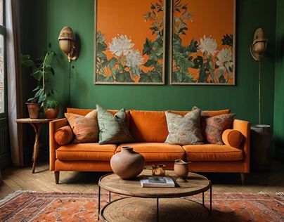 Green Orange Cream Living Room, Green Living Room Orange Sofa, Dark Green Orange Living Room, Living Room Green And Orange, Rust Sofa Living Room Ideas, Orange Green Room, Orange Green Interior, Orange Sofa Living Room Ideas, Green Wall Living Room