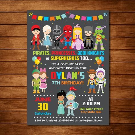 Kids Costume Birthday Party Ideas, Princess And Superhero Party, Pirates Costume, Rock Climbing Party, Sibling Birthday Parties, Gym Dress, Navy Birthday, 3rd Birthday Boys, Costume Party Invitations