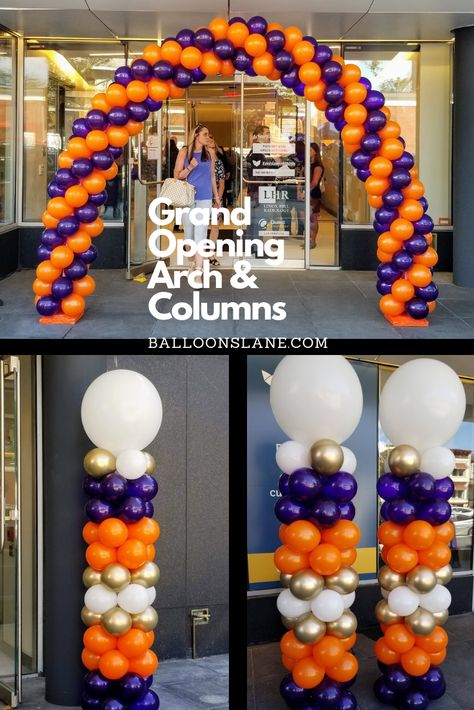 Swirl Latex balloons arch in 2 colors along with decorative balloons columns, for any events entrance indoor or outdoor 2 Color Balloon Arch, Grand Opening Balloon Decor, Outdoor Balloon Garland, Balloon Arch Entrance, Balloon Entrance, Balloons Columns, Ballon Ideas, Expo Display, Christening Balloons