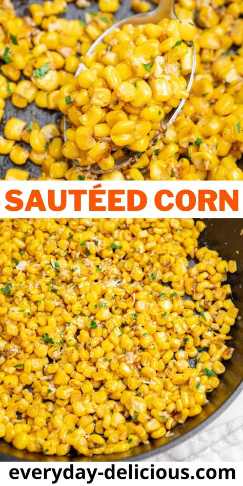 Sautéed corn is a delicious and impressive side dish that comes together in just 10 minutes. Crunchy corn is pan-fried until golden then seasoned with garlic, lemon juice, parsley, and parmesan. You'll not want to prepare corn kernels any other way! Sautéed Corn, Corn Skillet, Easy Corn Recipes, Buttery Corn, Corn Recipes Side Dishes, Crunchy Corn, Skillet Corn, Seasoned Corn, Corn Side Dish