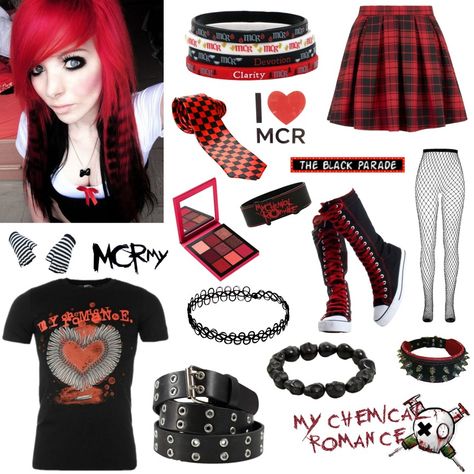 Red Emo Outfits 2000s, Emo Red Outfit, Red And Black Scene Outfit, Scene Style 2000s, Emo Fits 2000s, Emo Clothes 2000s, Mcr Revenge, Emo Style 2000s, Scene Outfits Aesthetic