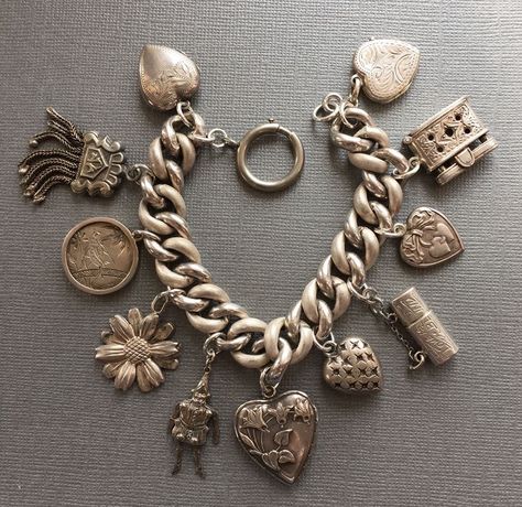 Victorian Charm Bracelet, Chains Art, Clothes Collage, Silver Heart Jewelry, Jewel Ornaments, Jewelry Hacks, Enamel Art, Fiji Islands, Travel Charms