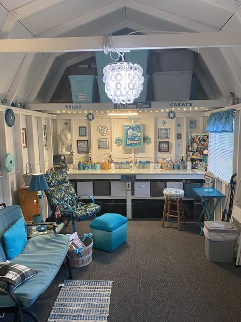 Camper Turned Into Craft Room, Shed Rooms Ideas, Inside Of Shed Ideas, Relaxing She Shed Ideas, She Shed For Crafts, Shed To Craft Room, Craft Shed Storage Ideas, Clubhouse Interior Ideas, Tiny Home Craft Room