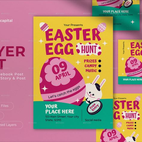 Yellow Flat Design Happy Easter Hunt Flyer Set Easter Poster Design, Easter Graphic Design, Easter Flyers, Easter Poster, Scavenger Hunt Games, Easter Happy, Easter Hunt, Easter Design, Post Instagram