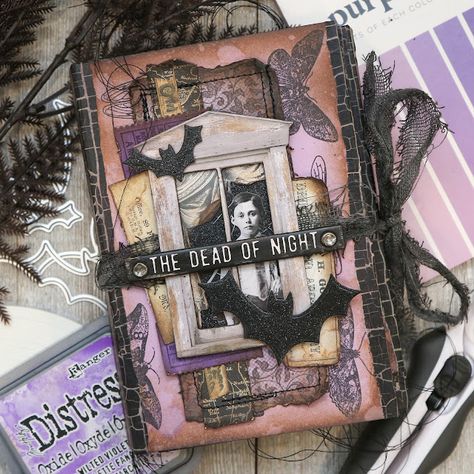 Purple Halloween Junk Journal by Juliana Michaels featuring Scrapbook.com Purples Paper Pad and Tim Holtz Halloween Idea-ology Dark Crafts, Junk Journal Ideas, Halloween Mini Albums, Halloween Junk Journal, Dead Of Night, Design Tape, Halloween Idea, Halloween Cards Handmade, Halloween Backdrop