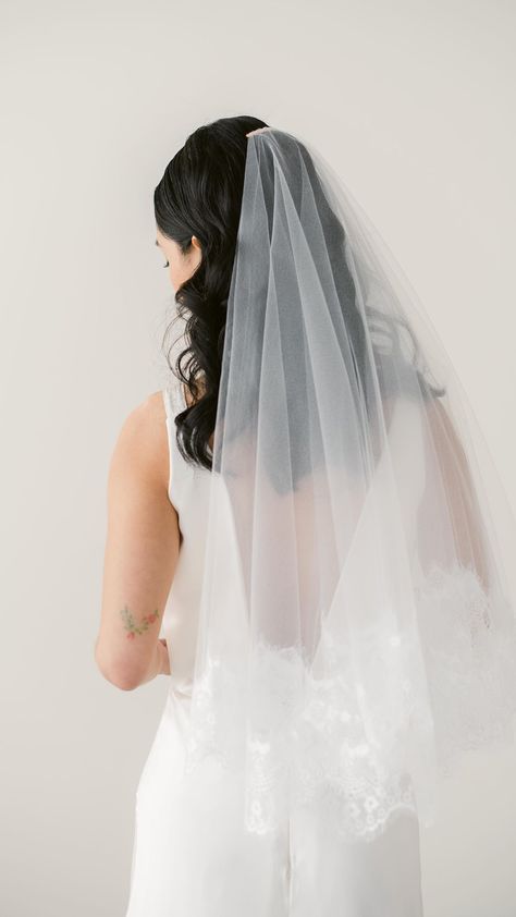 _tessa_kim_ on Instagram: Our new lace drop veil features beautiful eyelash trim lace that is hand sewn in our PNW studio💕 . . #bts #behindthescenes… Bridal Veil Blusher, Veil Clip, Bridal Vail, Circle Veil, Veil Comb, Veil With Lace, Lace Veils Bridal, Comb Veil, White Bridal Gown