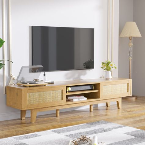 Storing Electronics, Rattan Tv Stand, Low Profile Tv Stand, Good Living Room, Entrance Idea, 2023 Apartment, 65 Inch Tv, Tv Aesthetic, Room Tv Stand