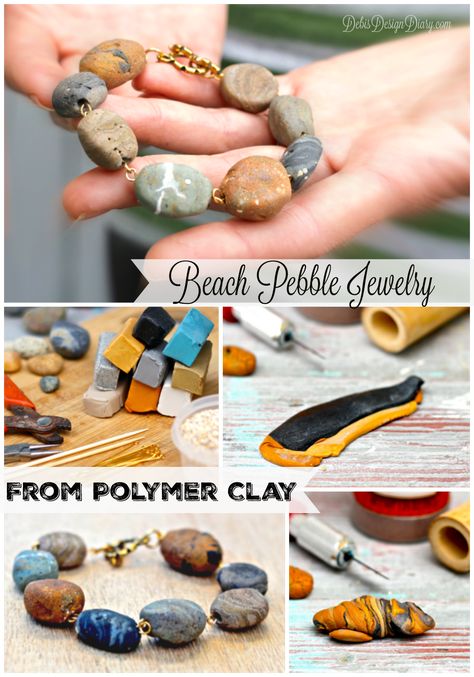 how to make beach pebble jewelry from polymer clay Polymer Clay Rocks, Polymer Clay Necklaces, Polymer Clay Jewelry Techniques, Polymer Clay Kunst, Jewelry Diy, Pebble Jewelry, Polymer Clay Bracelet, Polymer Clay Jewelry Tutorials, Polymer Clay Diy